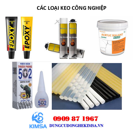 Các loại keo công nghiệp phổ biến bao gồm: keo epoxy, keo PU foam, Keo Acrylic sealant, keo 502,và keo nóng chảy (hotmelt).